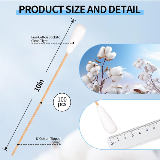 Long Cotton Swabs 10 Inch, 100pcs Cotton Tipped Applicators with Large 1/2 Inch Diameter Swab for Cleaning - Non-sterile