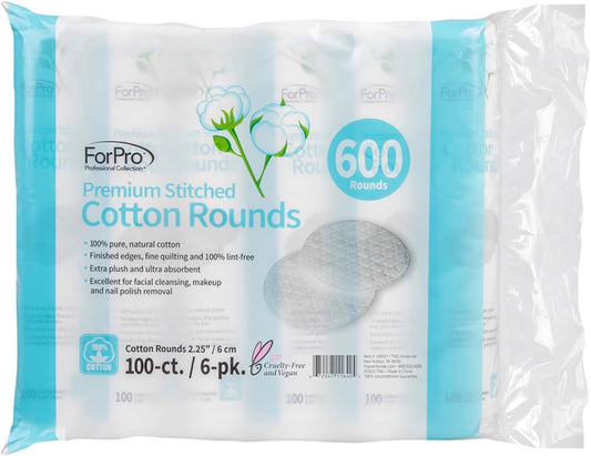 ForPro Professional Collection ForPro Premium Stitched Cotton Rounds, 100% Pure Cotton Pads for Removing Makeup, Nail Polish, and Cleansing Face, Pack of 6, Counts 600