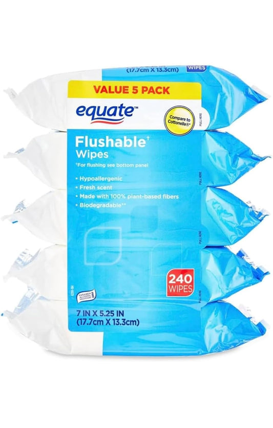 Pacheco Flushable Wipes, Fresh Scent, 5 packs of 48 wipes, 240 wipes total