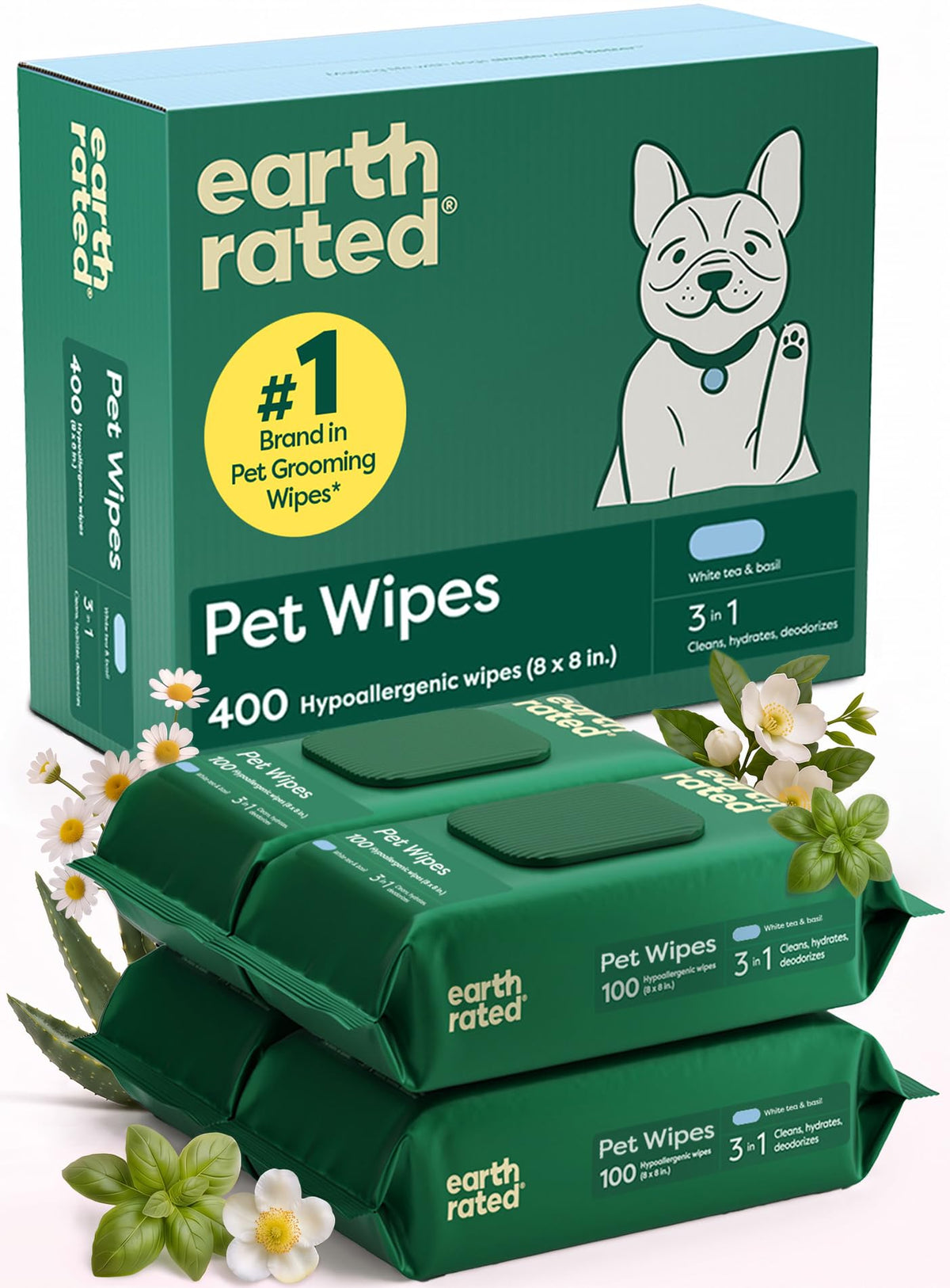 Earth Rated Dog Wipes for Paws & Butt, Deodorizing, Unscented, 400ct