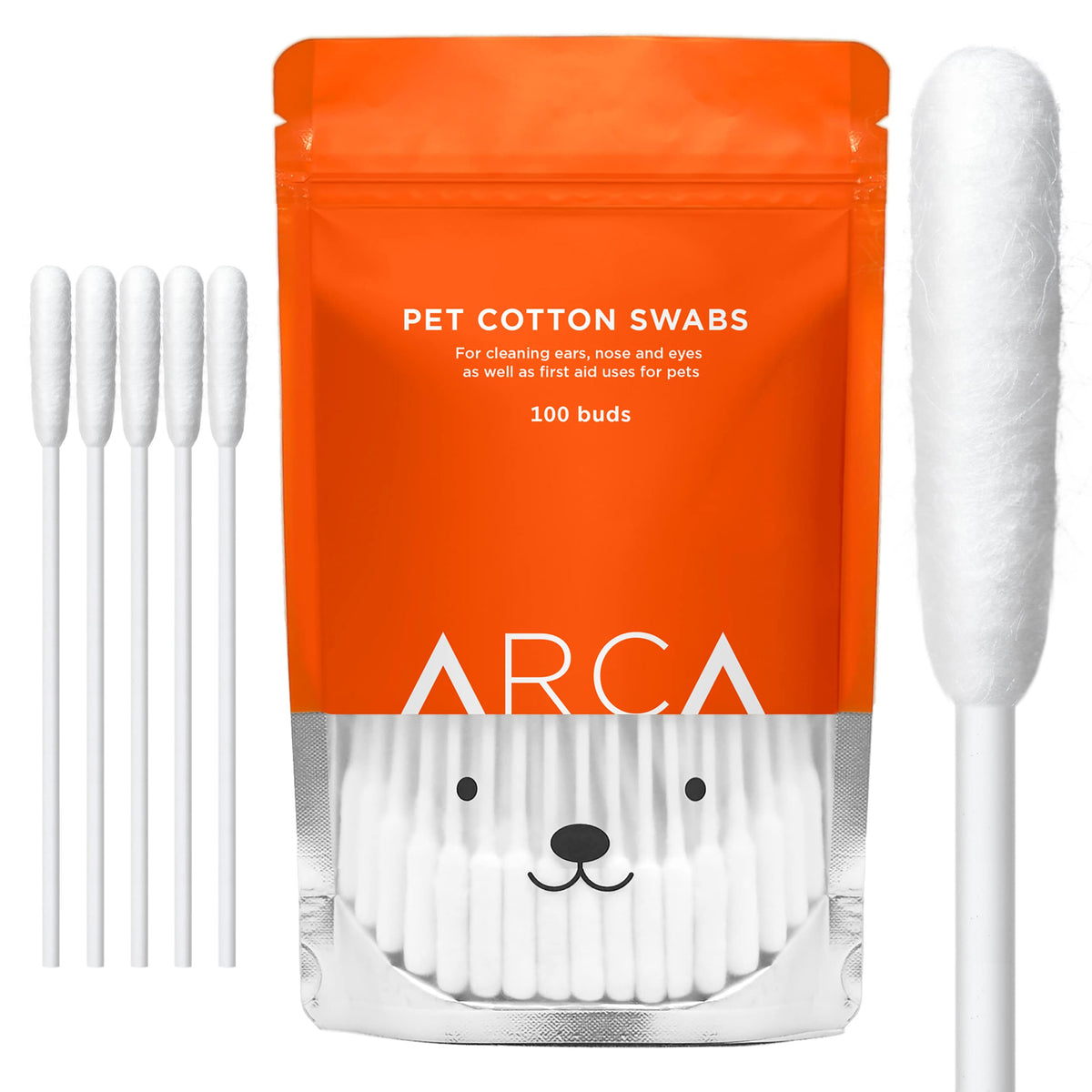 ARCA PET Cotton Swabs for Dogs and Cats - Cat & Dog Ear Cleaner Long Cotton Swab - Extra Large Cotton Head, Cat & Dog Ear Cleaning Kit for Puppies, Multipurpose Pet Cotton Swabs (Extra Large 100 Buds)
