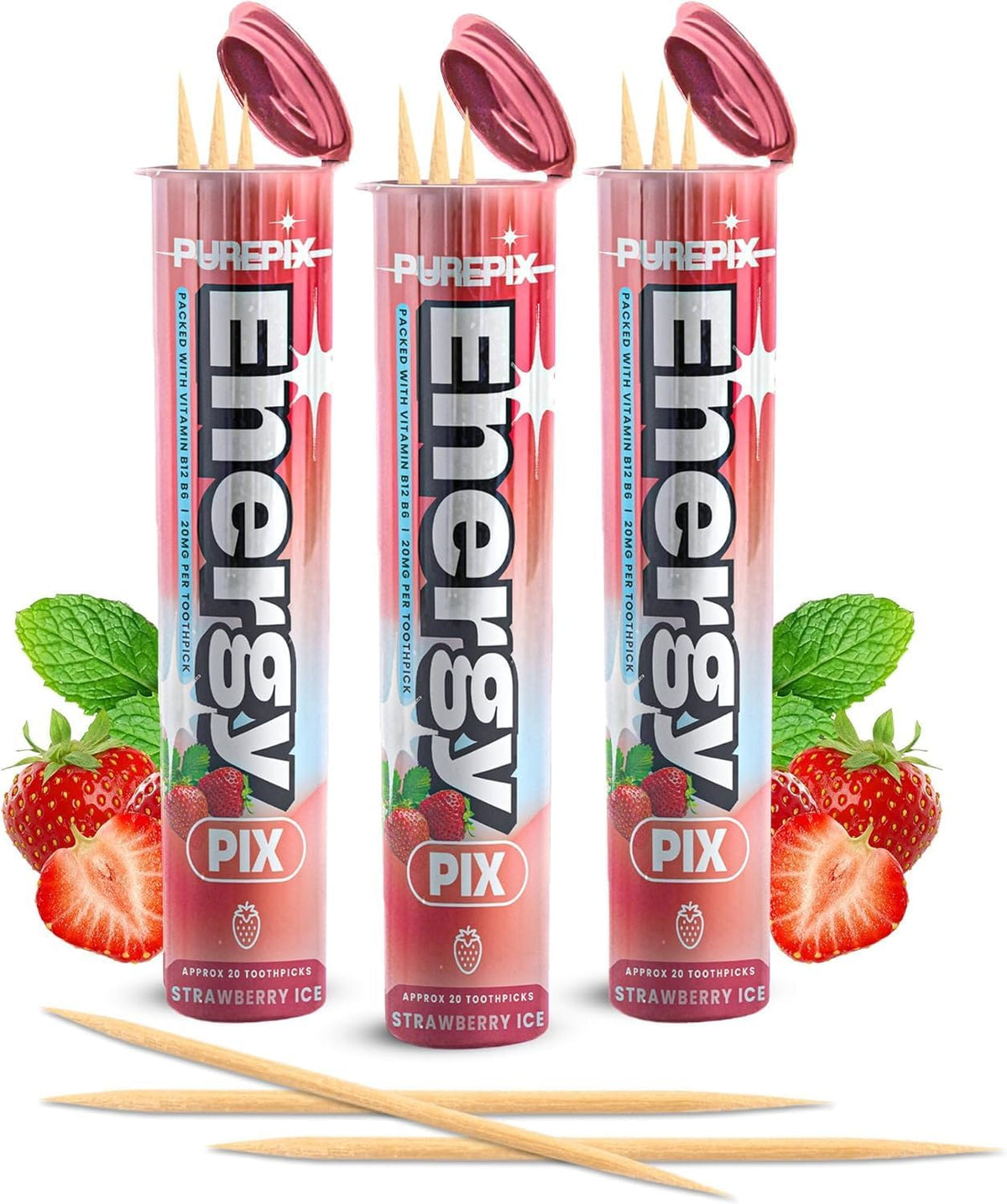 PurePix Energy Caffeine Flavored Toothpicks, Spearmint, 3-Pack, 60ct