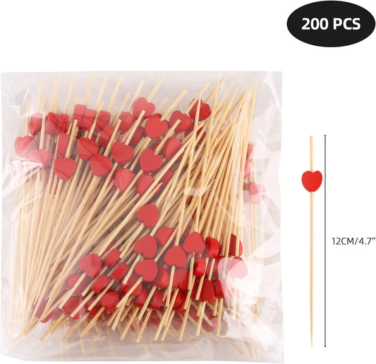 200PCS Heart Cocktail Picks 4.7" Heart Bamboo Toothpicks Heart Fancy Toothpicks Valentines Skewers Bamboo Fancy Appetizer for Wedding Birthday Party Decoration (Red Heart)