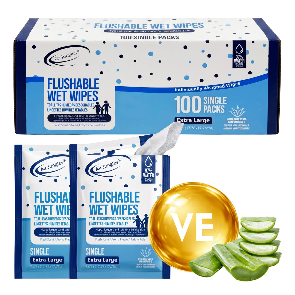 Air Jungles Flushable Wipes 300 Ct 6-Pack, Adult and Kid, XL 7x7 Inch