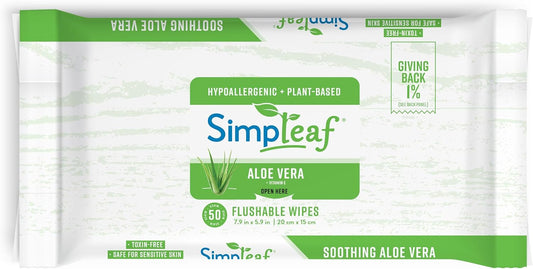 Simpleaf Flushable Wet Wipes Aloe Vera | Plastic Free, Paraben & Alcohol Free | Hypoallergenic & Safe for Sensitive Skin | Soothing Aloe Formula | Adult Toilet Wipes (6 x 50 Count Pack) 300 Count