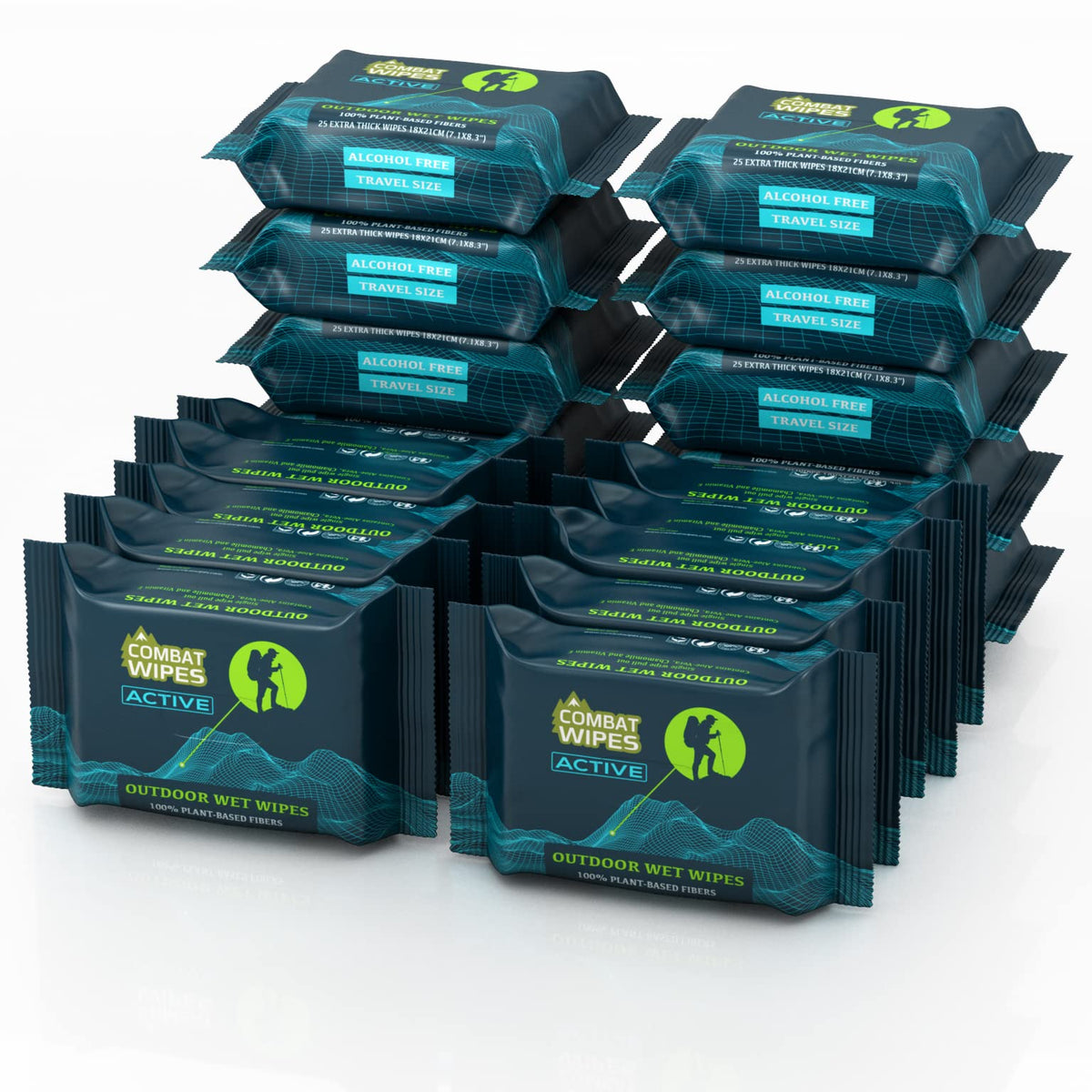 Combat Wipes ACTIVE Outdoor 2-Pack Wet Wipes - Extra Thick Camping Gear, Biodegradable, Body & Hand Cleansing/Refreshing Cloths for Backpacking & Gym w/Natural Aloe & Vitamin E, 50 Ct (25x2 pack)