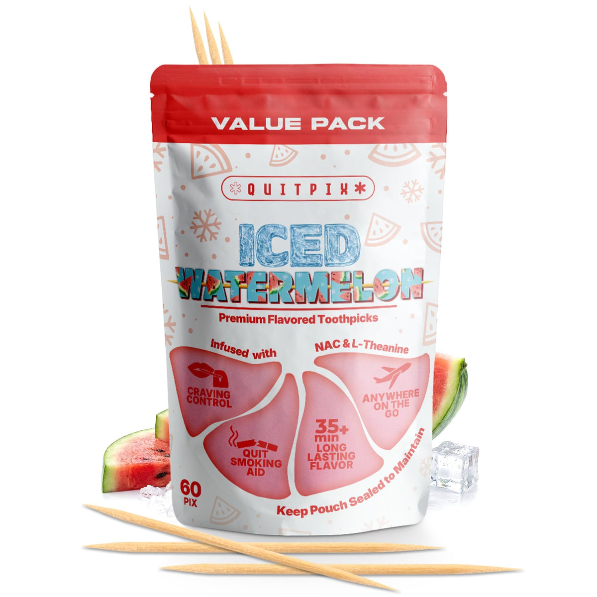 PurePix QuitPix Iced Watermelon Flavored Toothpicks, 60 Count