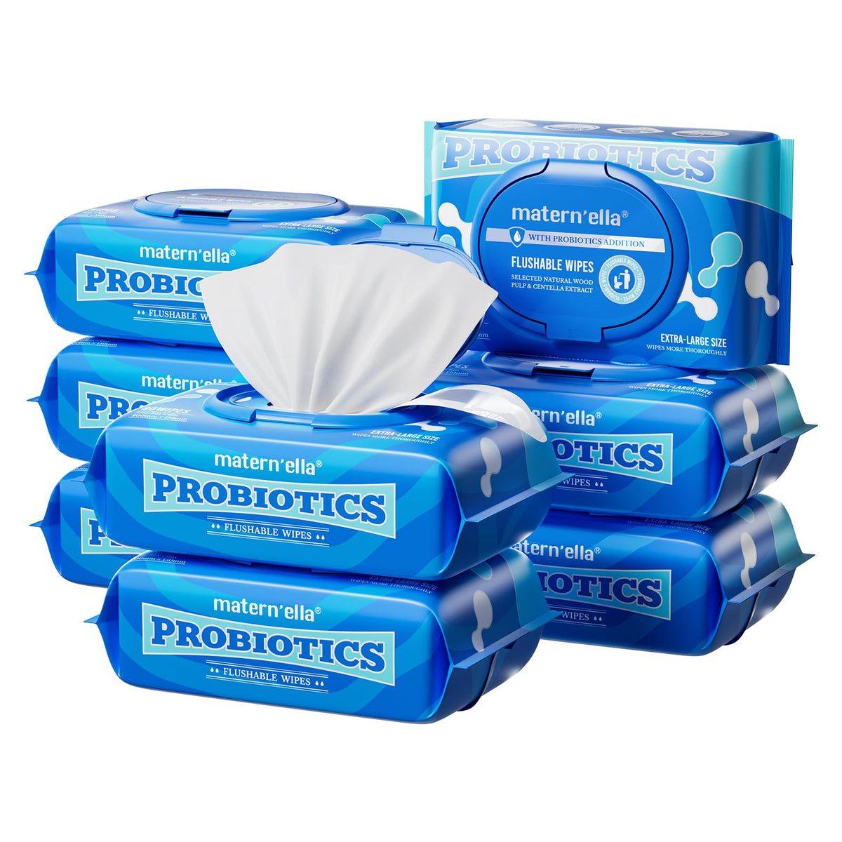 matern'ella Flushable Wipes Extra Large Corner-Connected Wet Wipes Plant Based Fibers With Probiotics Fragrance Free Sewer Safe Butt Wipe Adult 3 Packs of 80