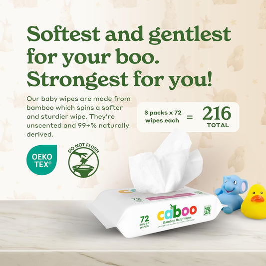 Caboo Tree Free Baby Wipes, Unscented, 72 Wipes Per Pack, 216 Total