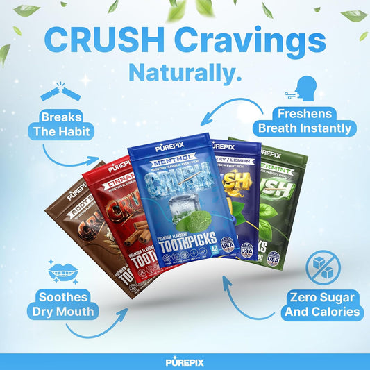 PurePix Crush Root Beer Flavored Toothpicks Quit Smoking Support, Thick Birchwood Infused Sticks, 40 Count Pouch, Long-Lasting Taste, Nicotine Free, Quit Smoking Gift, Vegan Gluten-Free, Made in USA