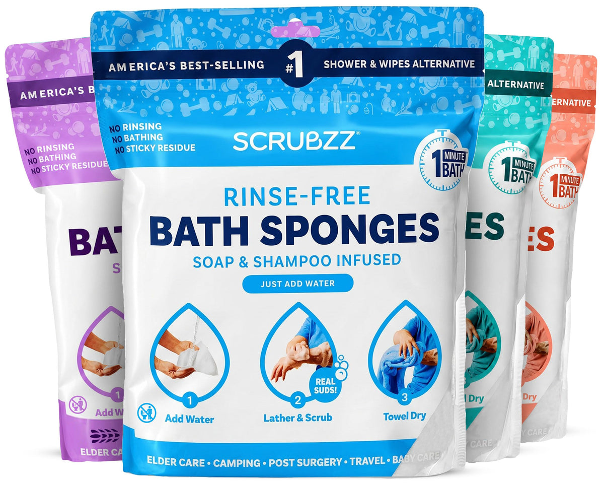 Scrubzz Disposable No Rinse Bathing Wipes - All-in-1 Single Use Shower Wipes, Simply Dampen, Lather, and Dry Without Shampoo or Rinsing (Unscented, 2-Pack)