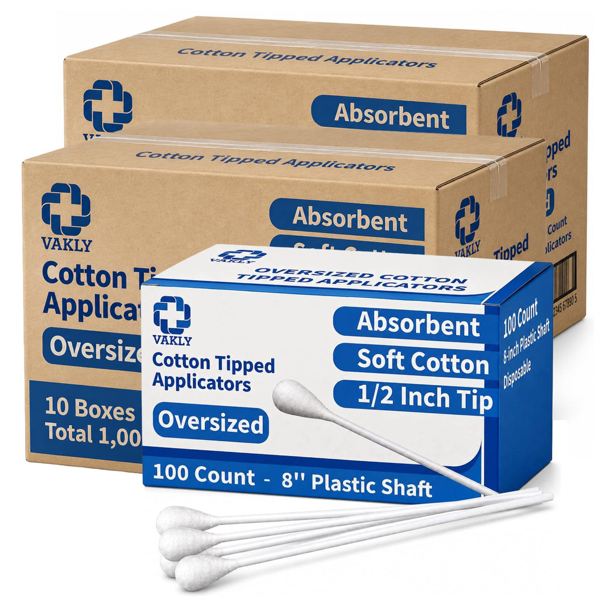 Vakly Oversized Cotton Tipped Applicators, Large 1/2" Cotton Swabs, 100 Pk