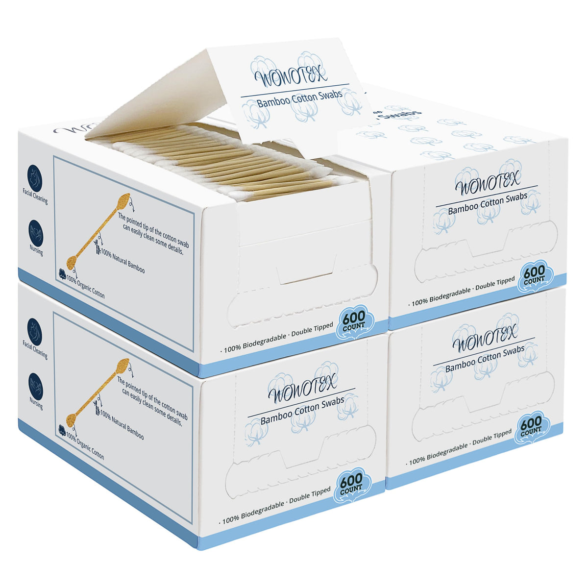 WOWOTEX Bamboo Cotton Swabs 2400 Count Double-Tipped for Ear & Makeup