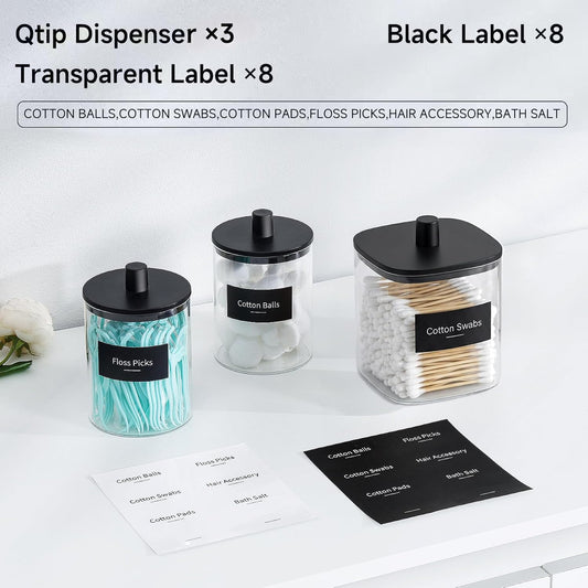 Glass Qtip Holder Dispenser - 3 Pack, Bathroom Decor and Organizer, Black