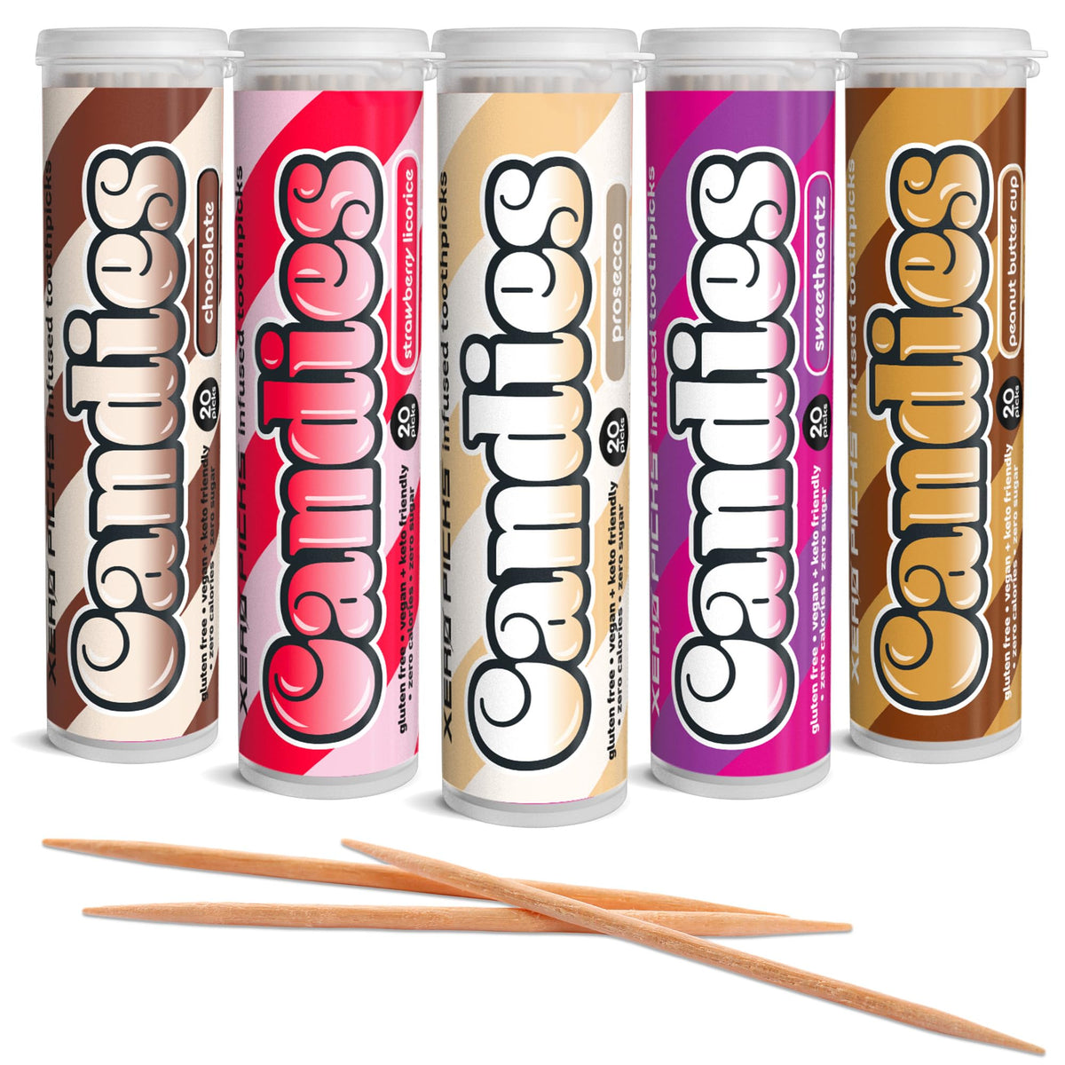 Xero Picks Candies - Infused Flavored Toothpicks (Candies Variety, 5 Pack - 100 Picks) Bubblegum, Pina Colada, Orange Creamsicle, Cotton Candy, Snow Cone and Candy Cane