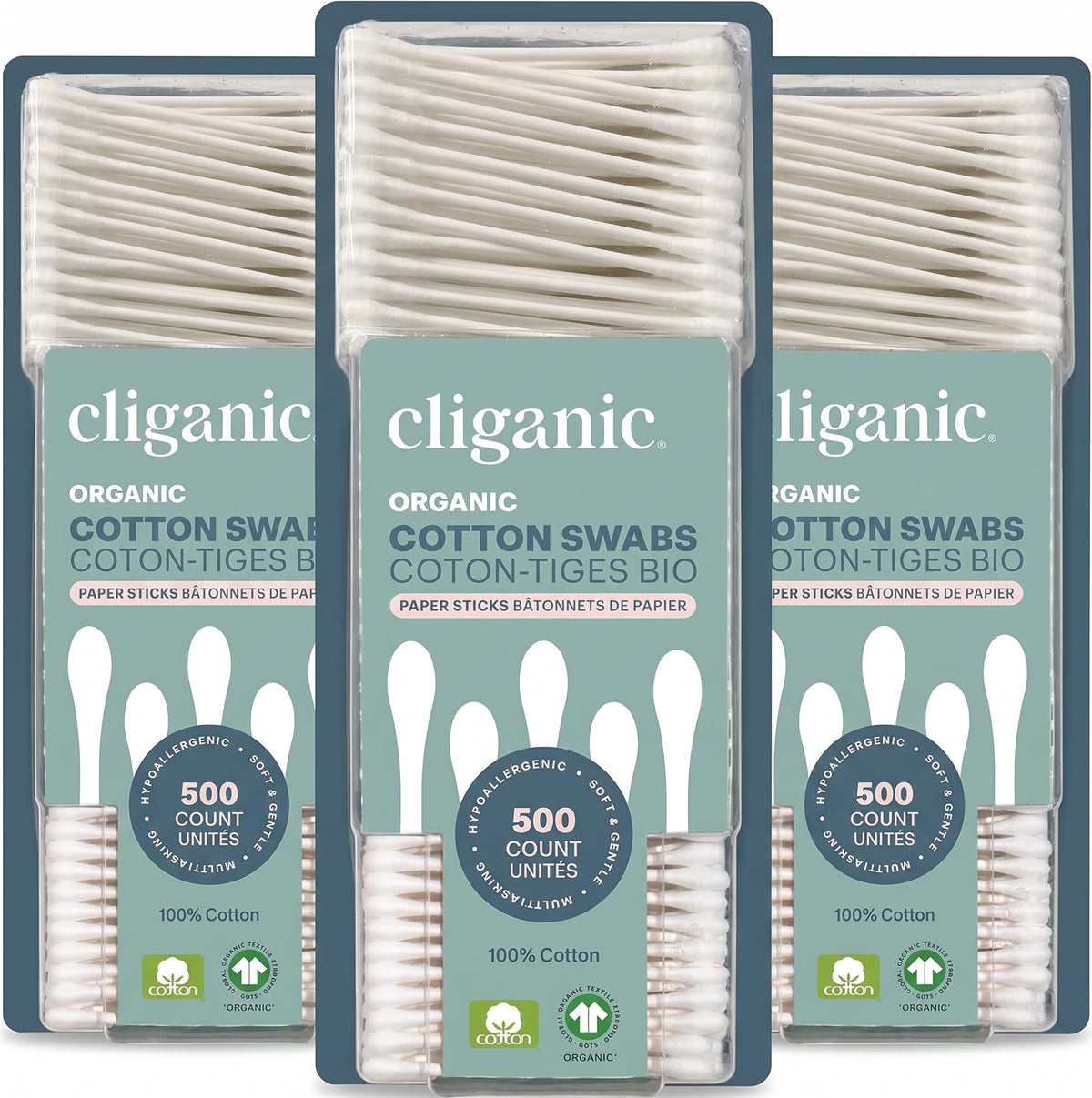 Cliganic Organic Cotton Swabs, 1500 Count - 100% Pure Natural Cotton, Chlorine-Free Hypoallergenic, Soft, Gentle & Absorbent Buds