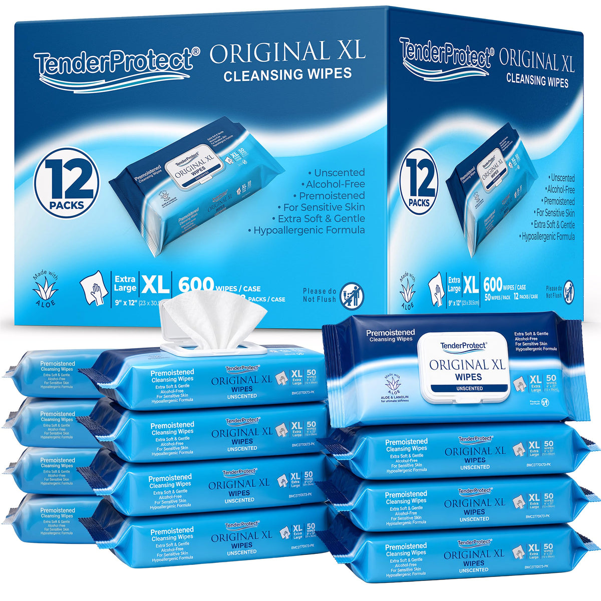 TenderProtect Original XL Incontinence Wipes for Adults with Aloe, 600 Count