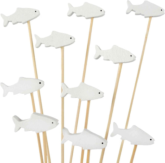 BambooMN 3.9 Inch White Fish Cocktail Appetizers Bamboo Toothpick Picks, Stirrer Sticks for Fruit Party, Charcuterie Accessories and Drinks, 100 Pieces