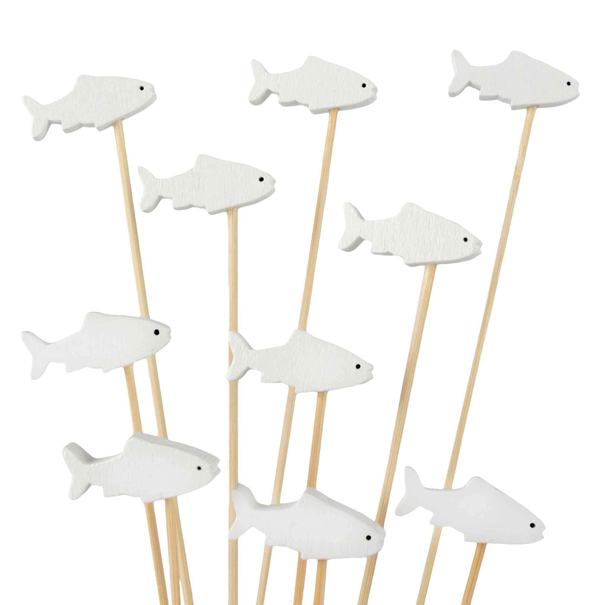 BambooMN 3.9 Inch White Fish Cocktail Appetizers Bamboo Toothpick Picks, Stirrer Sticks for Fruit Party, Charcuterie Accessories and Drinks, 100 Pieces