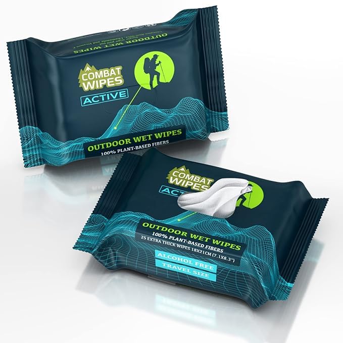 Combat Wipes ACTIVE Outdoor 2-Pack Wet Wipes - Extra Thick Camping Gear, Biodegradable, Body & Hand Cleansing/Refreshing Cloths for Backpacking & Gym w/Natural Aloe & Vitamin E, 50 Ct (25x2 pack)