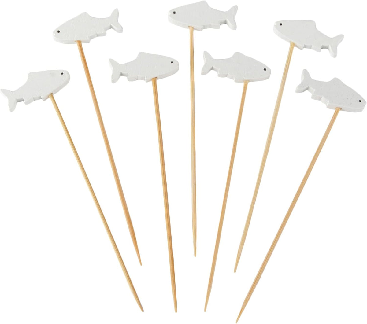 BambooMN 3.9 Inch White Fish Cocktail Appetizers Bamboo Toothpick Picks, Stirrer Sticks for Fruit Party, Charcuterie Accessories and Drinks, 100 Pieces