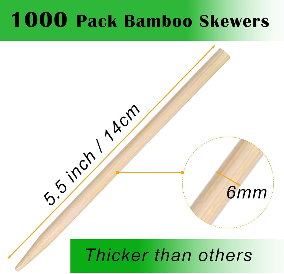 Nexboraque 1000 Pack 5.5 Inch Candy Apple Sticks, 6 mm Thick Semi Point Bamboo Skewers Natural Wooden Corn Dog Sticks for Caramel, BBQ, Lollipop, Corn Cob