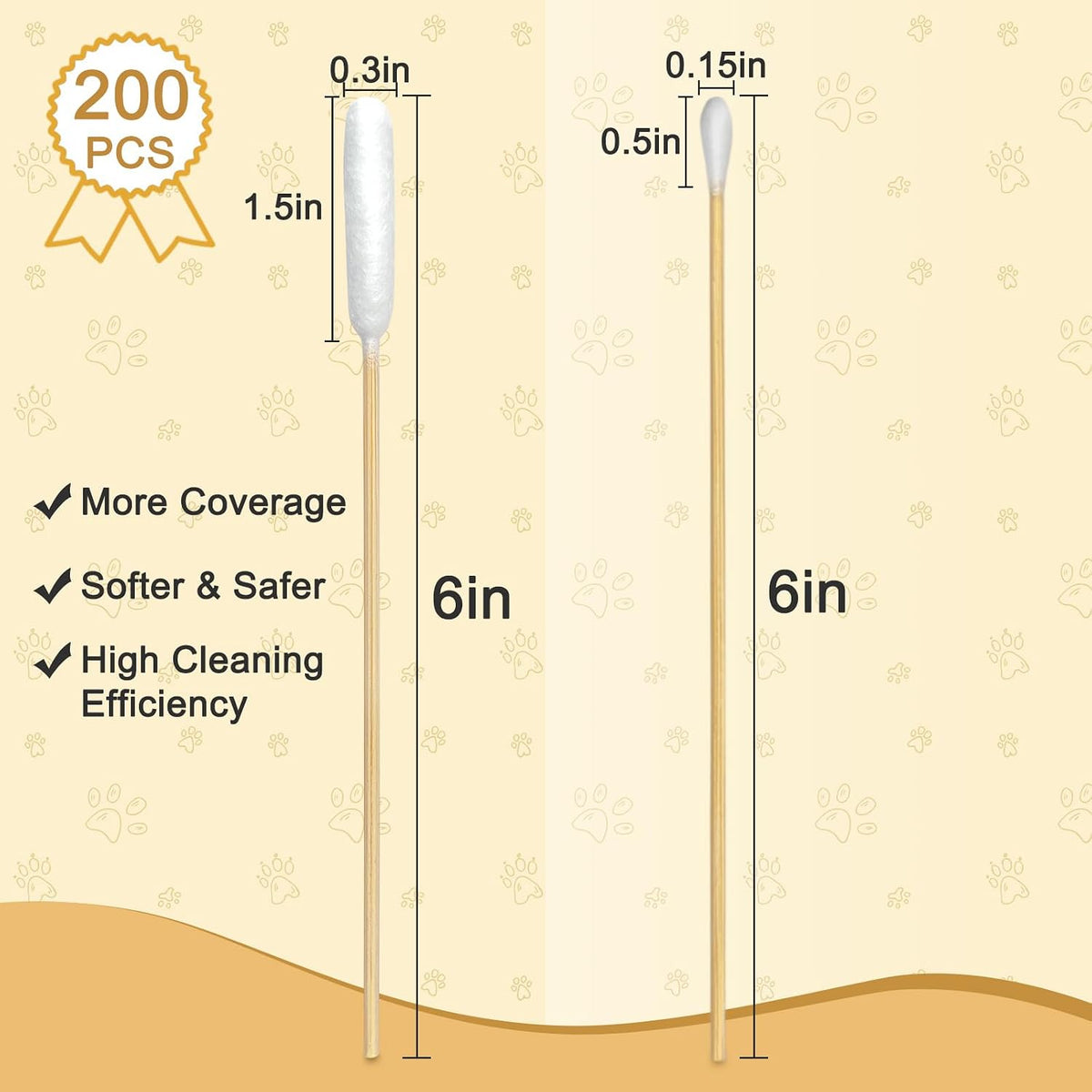200 Extra Large Dog Ear Swabs, 6-Inch Bamboo Handle for Grooming Care