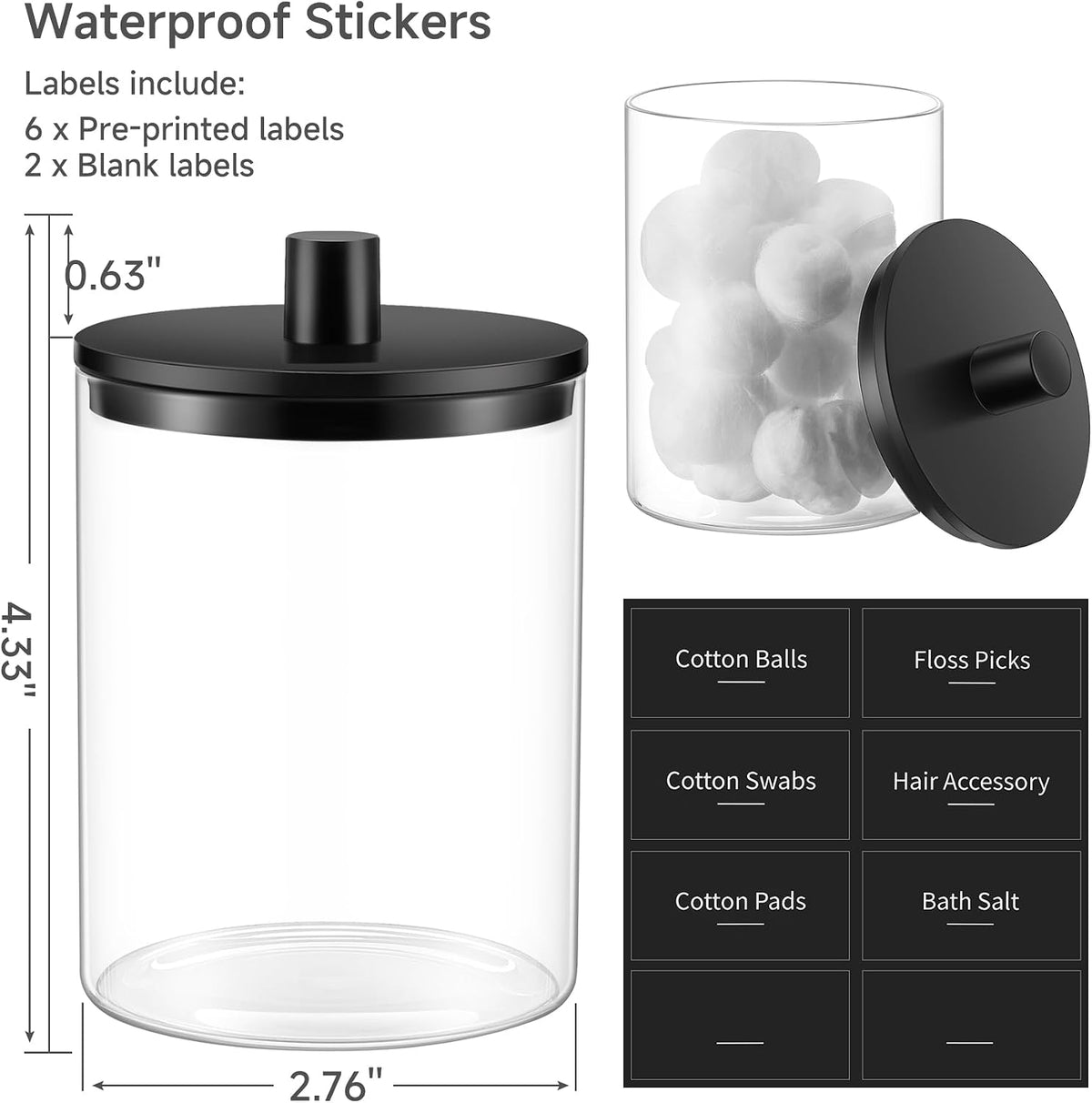 Glass Qtip Holder Dispenser - 3 Pack, Bathroom Decor and Organizer, Black