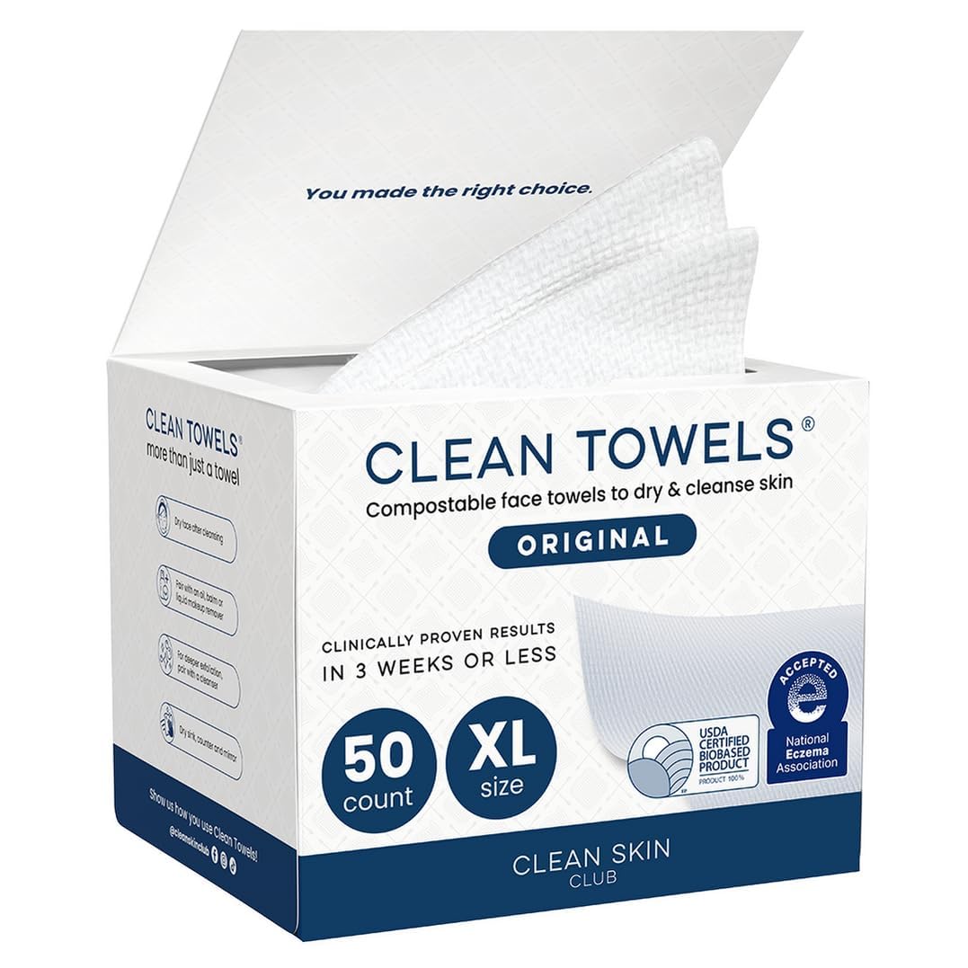 Reduces Fine Lines and Wrinkles in 6 weeks or Less, CLEAN SKIN CLUB Healthy Aging Clean Towels® XL, Disposable Face Towels, XL - 1 Pack (50 count)