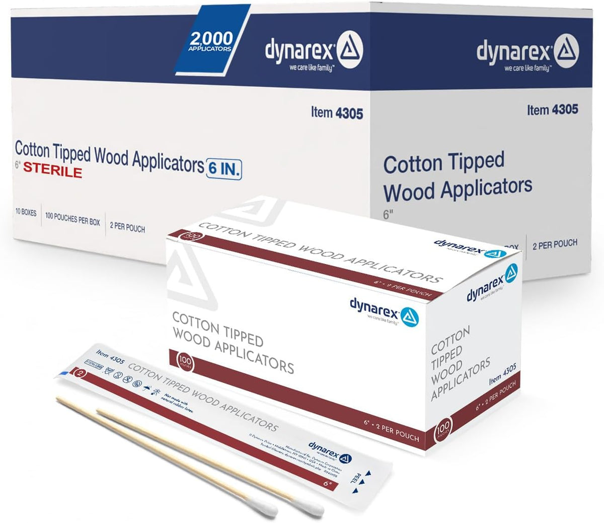 Dynarex Cotton Tipped Wood Applicators - 6" - Sterile - Medical Swabs for Wound Care, Cleaning, Crafts - 10 Boxes per Case, 100 Pouches per Box, 2 Applicators per Pouch