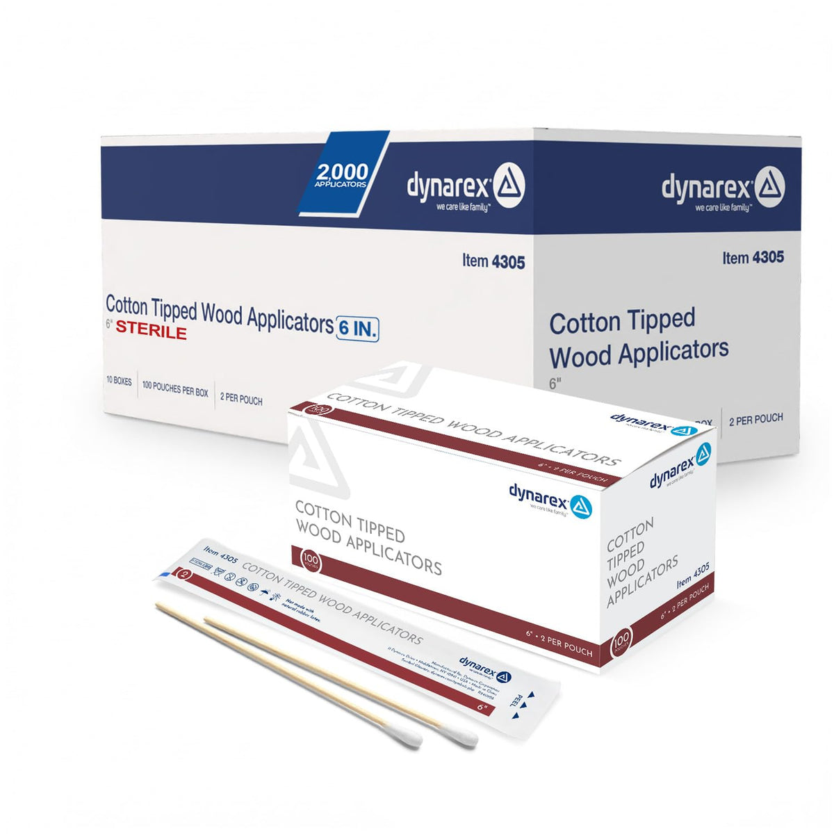 Dynarex Cotton Tipped Wood Applicators - 6" - Sterile - Medical Swabs for Wound Care, Cleaning, Crafts - 10 Boxes per Case, 100 Pouches per Box, 2 Applicators per Pouch