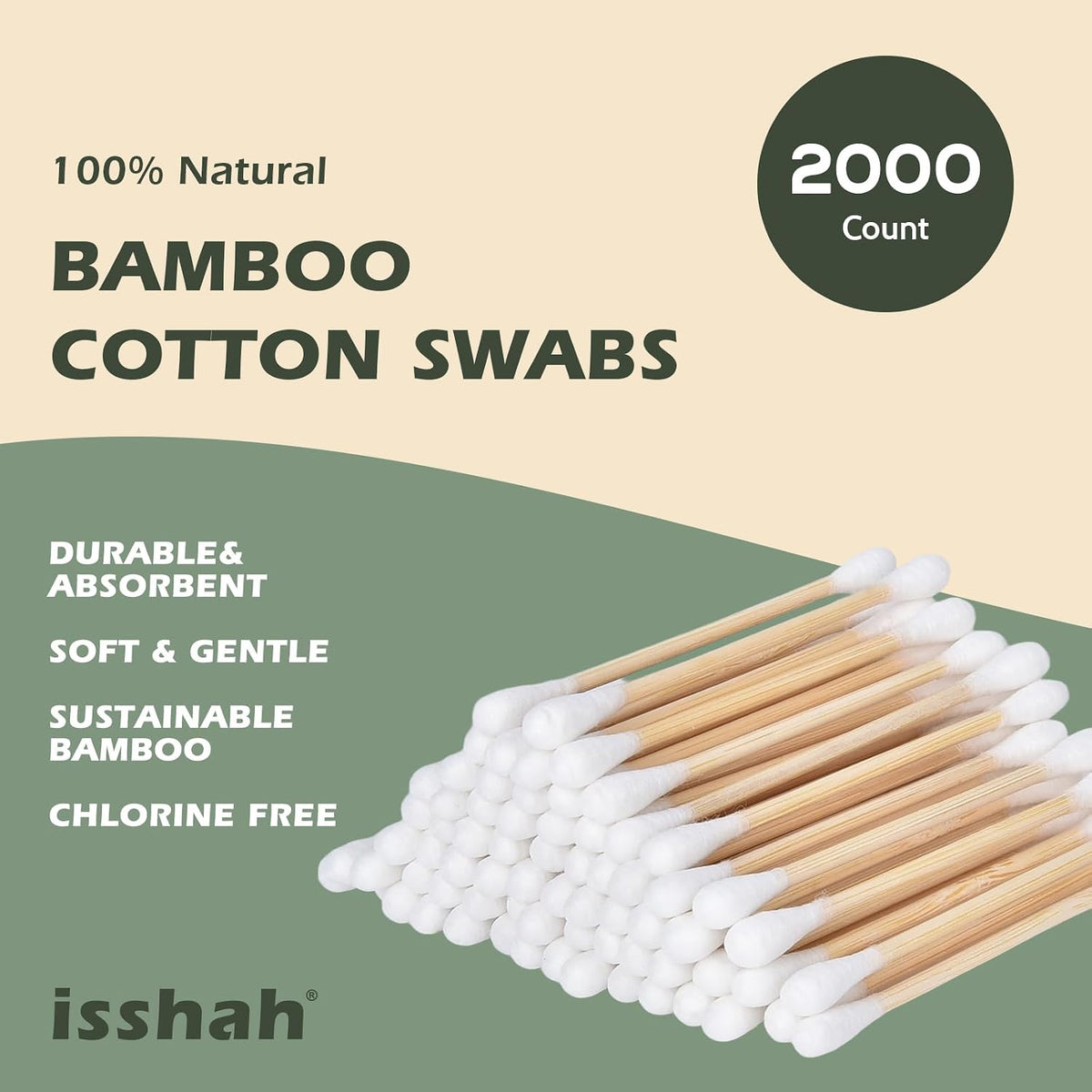 Isshah Natural Bamboo Cotton Swabs - Double Tips - 2000 Count
