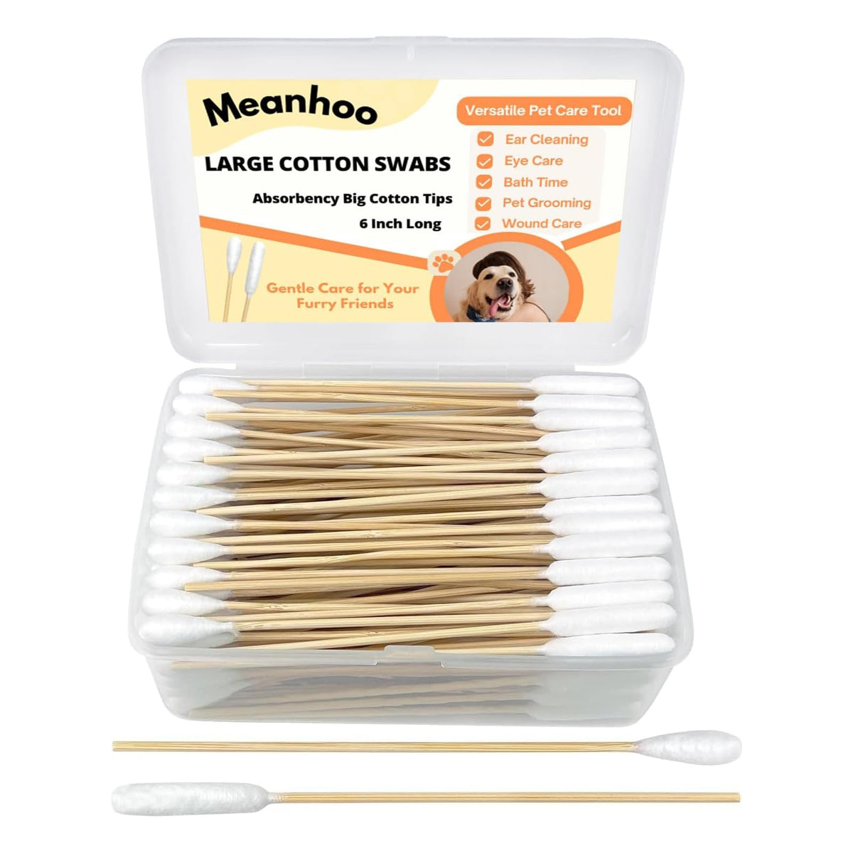 200 Extra Large Dog Ear Swabs, 6-Inch Bamboo Handle for Grooming Care