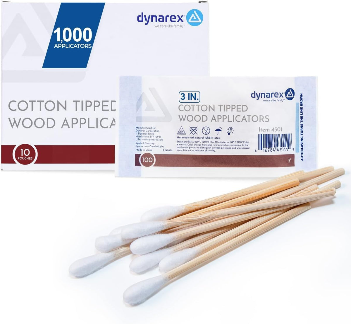 Dynarex Cotton Tipped Wood Applicators - 6" - Non-Sterile - Medical Swabs for Wound Care, Cleaning, Crafts - 10 Pouches per Box, 100 Applicators per Pouch