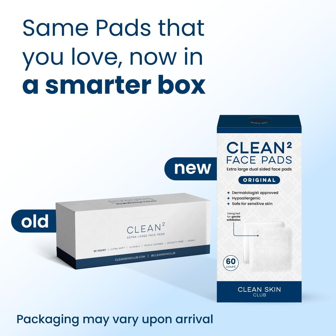 Clean Skin Club Clean² Pads 2.0 [NEW & Improved Edges] Guaranteed Not to Shed & Tear, Unique Triple Layers, Textured Side & Ultra Soft Side, Organic Disposable Cotton, Pair with Makeup Remover 2 Pack