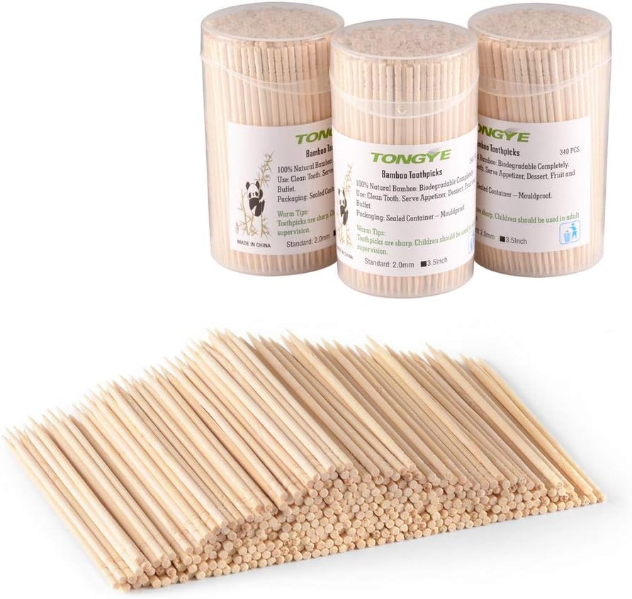 [3 Packs of 340] Bamboo Toothpicks 3.5 Inches, Extra Long Round Wooden Toothpick for Appetizers Qlives Sandwich - Sturdy Smooth No-splinters Tooth Picks, Kitchen & Dining