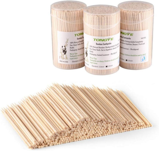 [3 Packs of 340] Bamboo Toothpicks 3.5 Inches, Extra Long Round Wooden Toothpick for Appetizers Qlives Sandwich - Sturdy Smooth No-splinters Tooth Picks, Kitchen & Dining