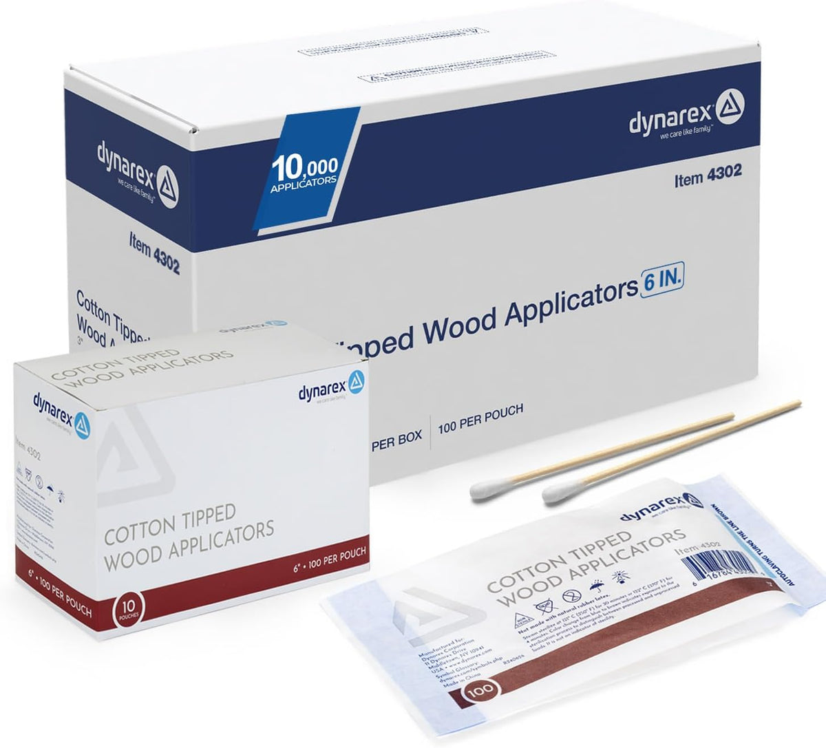 Dynarex Cotton Tipped Wood Applicators - 6" - Non-Sterile - Medical Swabs for Wound Care, Cleaning, Crafts - 10 Boxes per Case, 10 Pouches per Box, 100 Applicators per Pouch