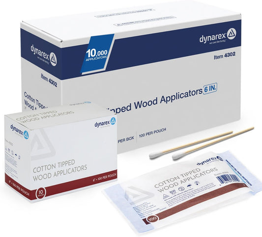 Dynarex Cotton Tipped Wood Applicators - 6" - Non-Sterile - Medical Swabs for Wound Care, Cleaning, Crafts - 10 Boxes per Case, 10 Pouches per Box, 100 Applicators per Pouch