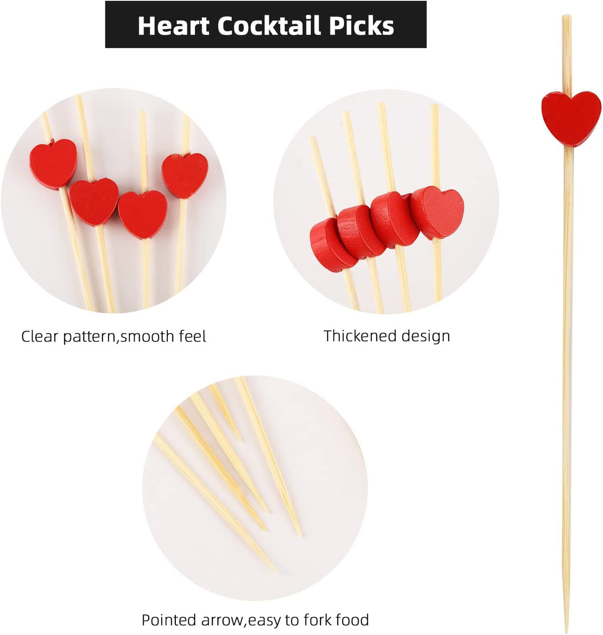 200PCS Heart Cocktail Picks 4.7" Heart Bamboo Toothpicks Heart Fancy Toothpicks Valentines Skewers Bamboo Fancy Appetizer for Wedding Birthday Party Decoration (Red Heart)