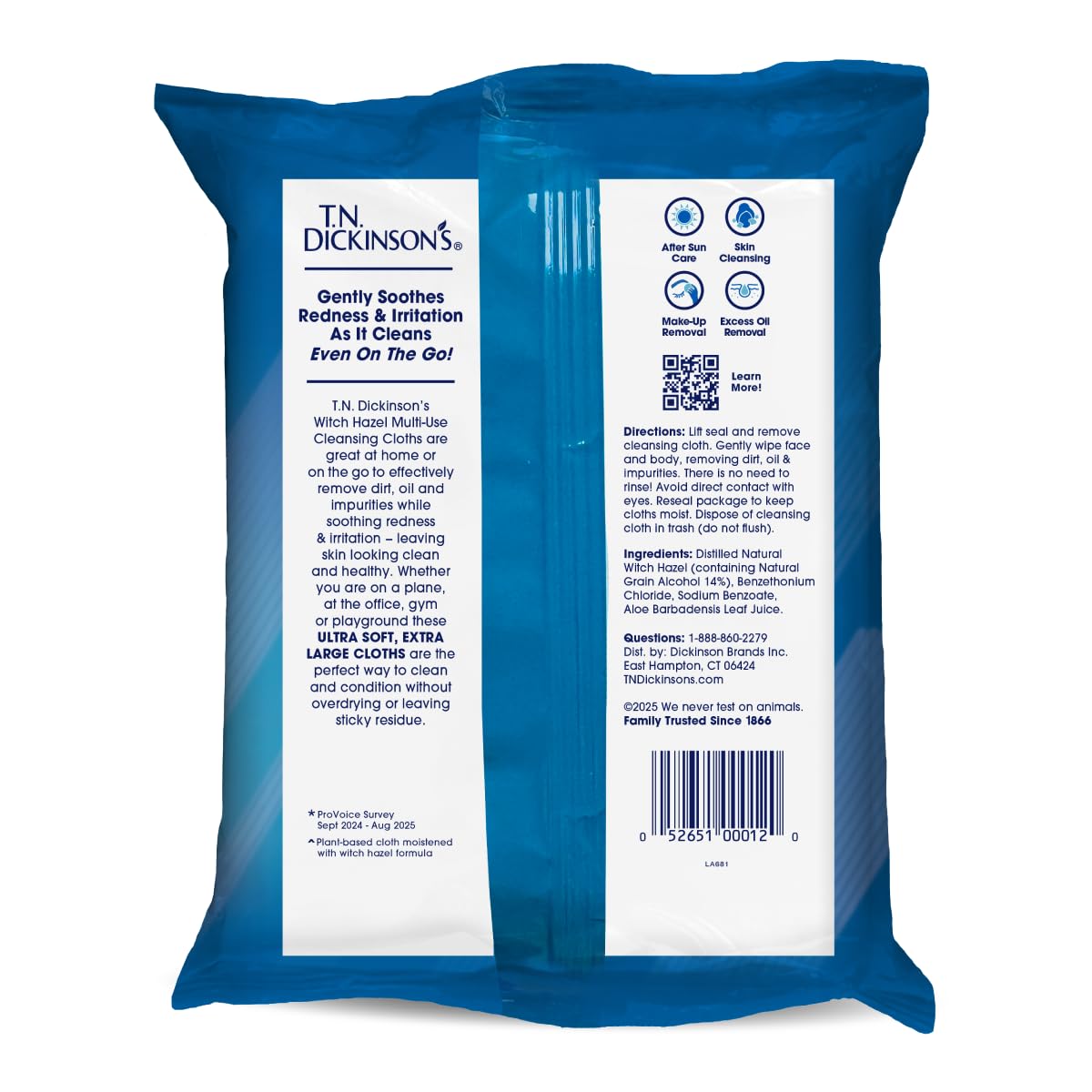 T.N. Dickinson's Witch Hazel Cleansing Cloths | 4 Pack | 25 Ct Each