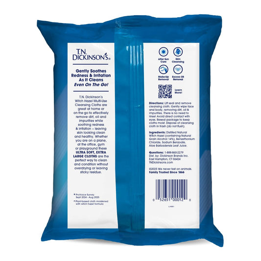 T.N. Dickinson's Witch Hazel Cleansing Cloths | 4 Pack | 25 Ct Each
