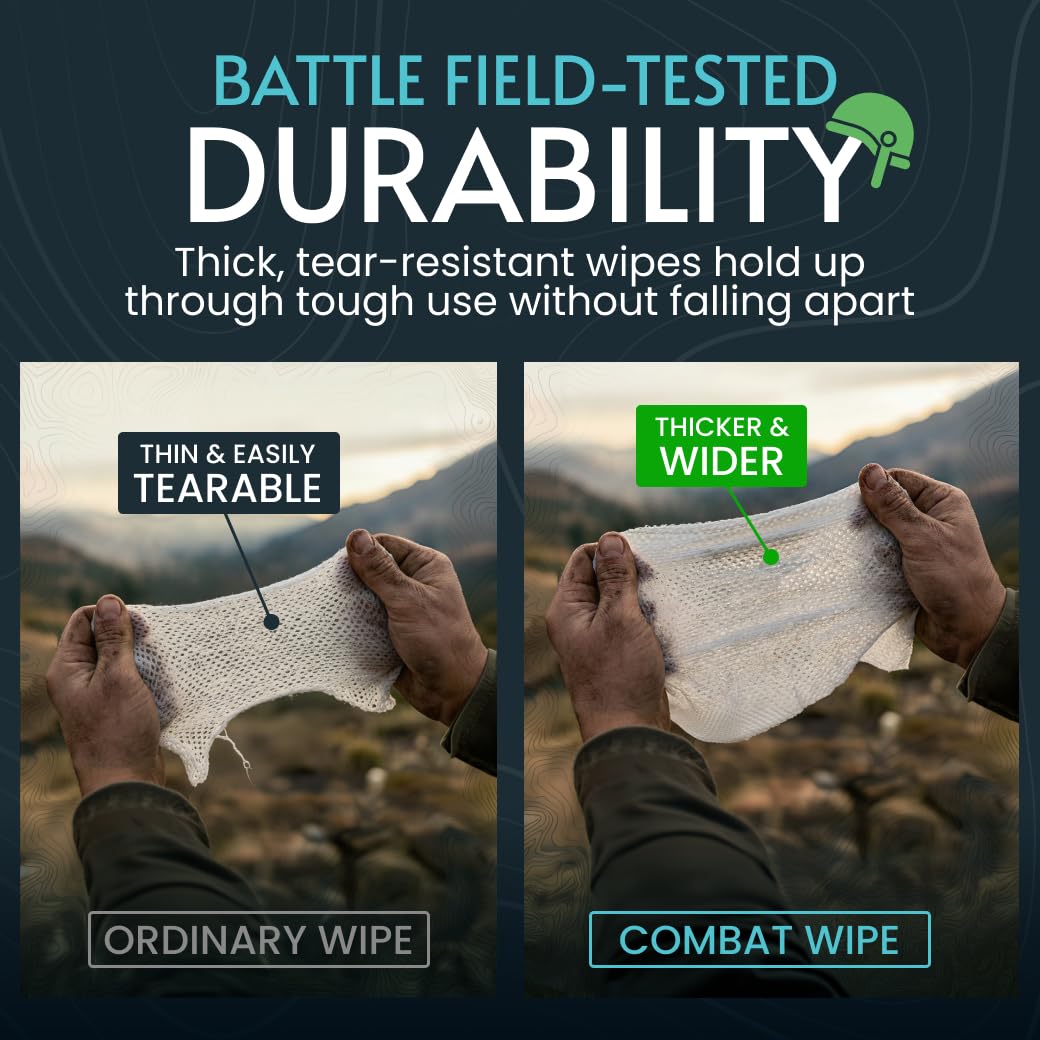 Combat Wipes ACTIVE Outdoor 2-Pack Wet Wipes - Extra Thick Camping Gear, Biodegradable, Body & Hand Cleansing/Refreshing Cloths for Backpacking & Gym w/Natural Aloe & Vitamin E, 50 Ct (25x2 pack)