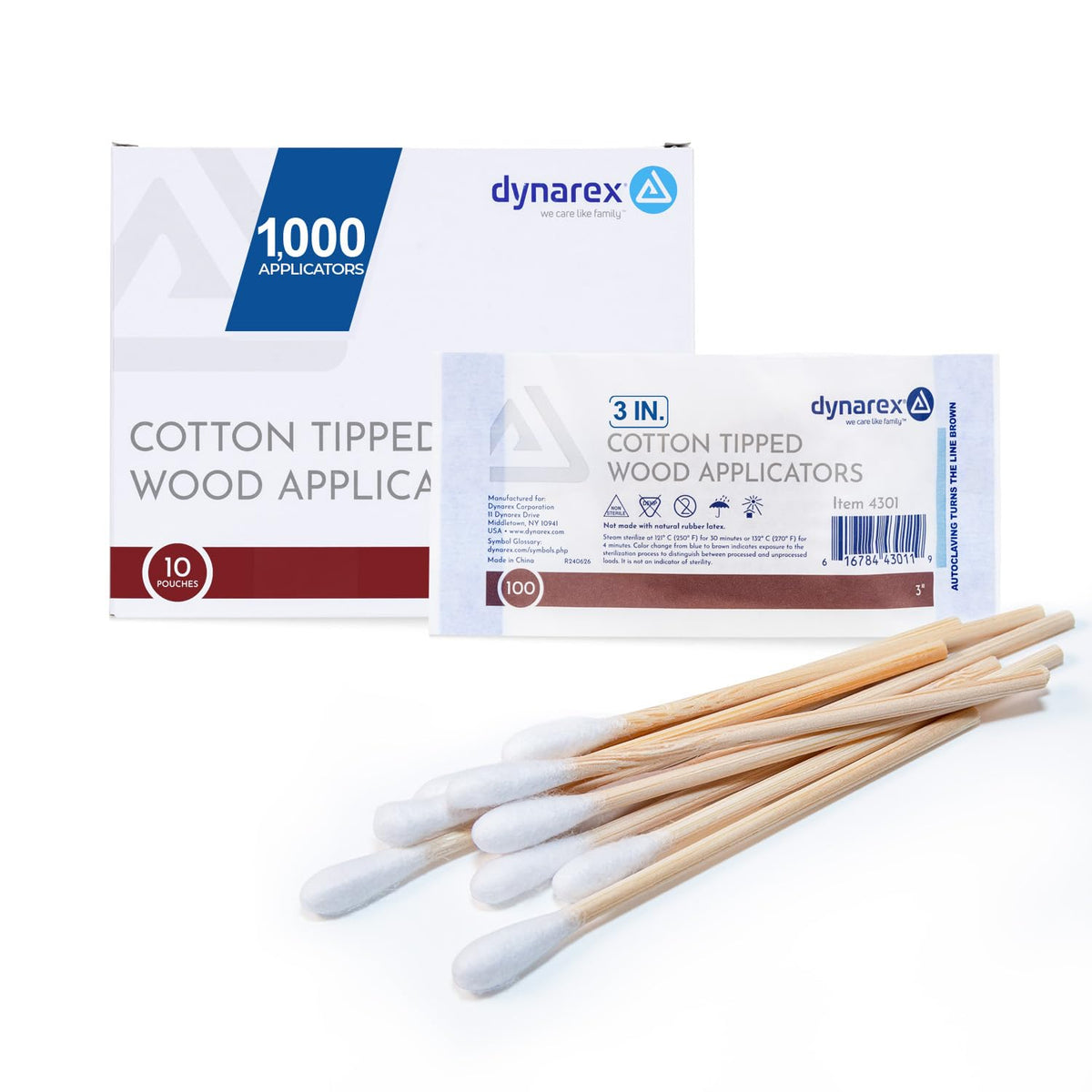Dynarex Cotton Tipped Wood Applicators - 6" - Non-Sterile - Medical Swabs for Wound Care, Cleaning, Crafts - 10 Pouches per Box, 100 Applicators per Pouch