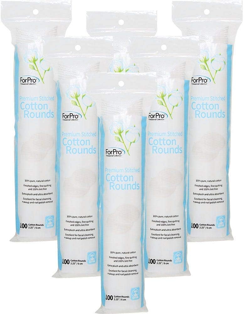 ForPro Professional Collection ForPro Premium Stitched Cotton Rounds, 100% Pure Cotton Pads for Removing Makeup, Nail Polish, and Cleansing Face, Pack of 6, Counts 600