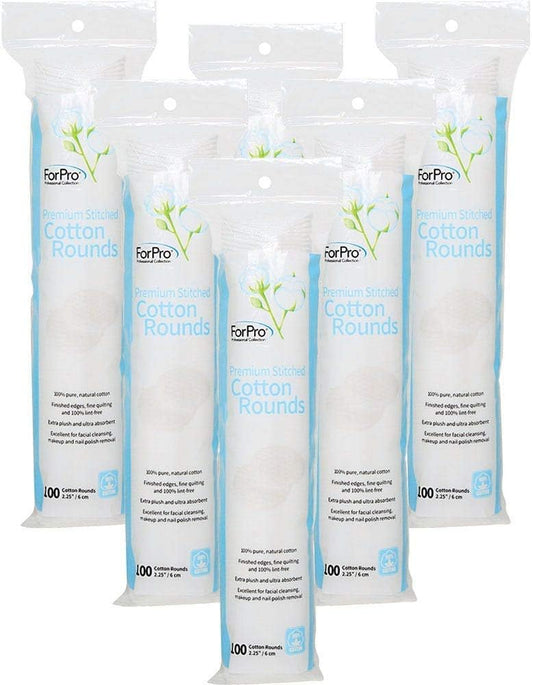 ForPro Professional Collection ForPro Premium Stitched Cotton Rounds, 100% Pure Cotton Pads for Removing Makeup, Nail Polish, and Cleansing Face, Pack of 6, Counts 600