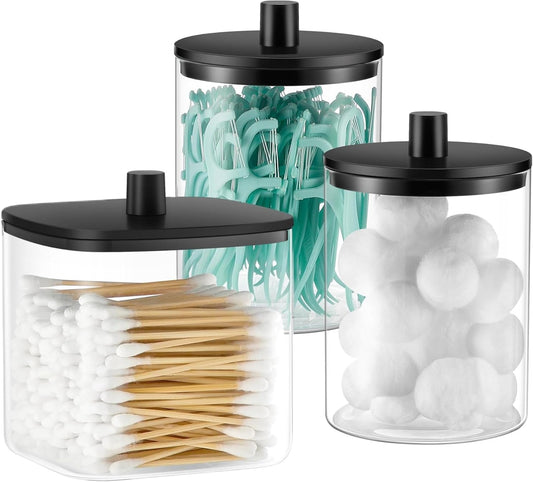 Glass Qtip Holder Dispenser - 3 Pack, Bathroom Decor and Organizer, Black