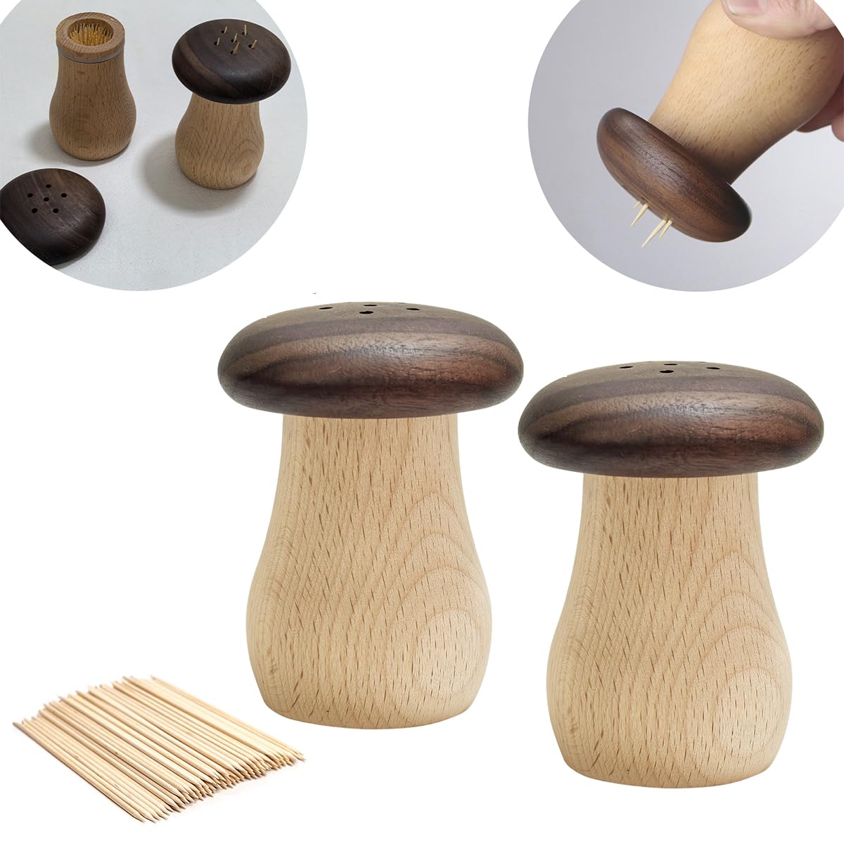 EAEDMY Cute Mushroom Toothpicks Holder with 390 Pcs Toothpicks, Cactus Toothpick Holder Dispenser for Home Kitchen Table Decor Accessories, Warm and Unique Gifts (1.Mushroom X 2)