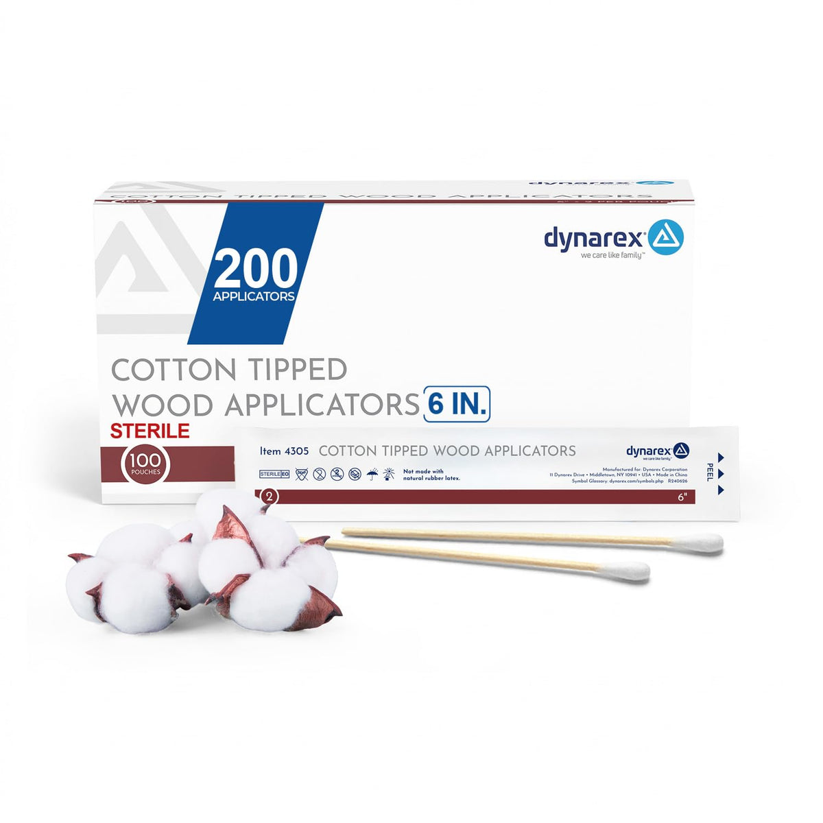 Dynarex Cotton Tipped Wood Applicators - 6" - Sterile - Medical Swabs for Wound Care, Cleaning, Crafts - 10 Boxes per Case, 100 Pouches per Box, 2 Applicators per Pouch