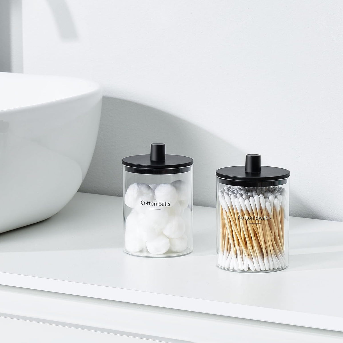 Glass Qtip Holder Dispenser - 3 Pack, Bathroom Decor and Organizer, Black